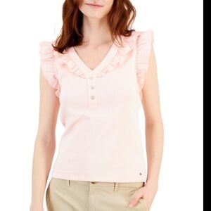 NWOT Tommy Hilfiger Light Pink Ruffle V-Neck Henley Blouse